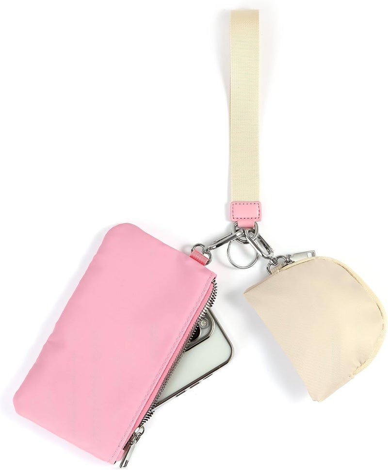 EKOLE Store Mini Zip Around Wristlet Keychain Wallet for Women Detachable Dual Pouch Wristlet Portable Phone Coin Purse Coin Pocket (Pink+White) - Image 1